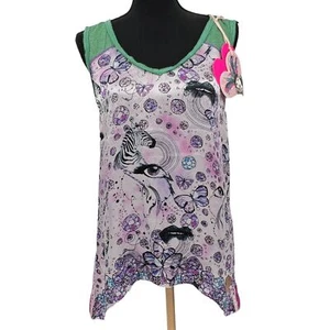 Nueva Camiseta sin Mangas Custo Barcelona Mujer Iriz Cebra Unicornio Mariposa Joya Seda Xs - Imagen 1 de 11