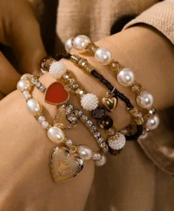 Lush Alloy Heart-Shaped Locket, Pearl & Bead Multi-Layer Fashion Bracelet #186 - Picture 1 of 3