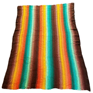 Vintage Afghan Crochet Throw Blanket Brown Green Orange Stripes Fringe MCM - Picture 1 of 12