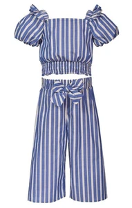 NEW Bonnie Jean Girls Size 4 "BLUE WHITE STRIPE" Peasant Top Cropped Pant Set - Picture 1 of 5