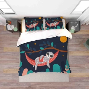 3D Cartoon Hand Drawn Sleeping Sloth Animal Moon Tree Quilt Cover Set Bedding - Picture 1 of 4