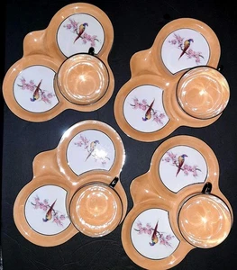 Snack Plate Teacup Set 4 German Lusterware Bird Paradise Art Deco 1920s Antique - Picture 1 of 14