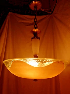 Antique 30s Art Deco Glass Shade 3 way switch Light Fixture Chandelier Original - Picture 1 of 12