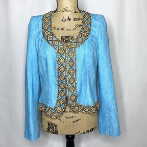 Chaqueta de Seda Edward Achour 42 Blazer Azul Turquesa Marrón con Cuentas - Imagen 1 de 12