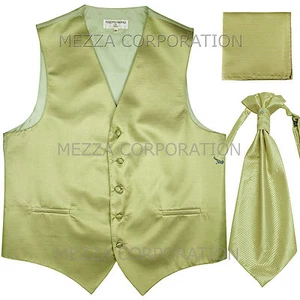 New Men's Tuxedo Vest Horizontal Stripes Ascot Cravat Hankie Sage Green wedding - Picture 1 of 3