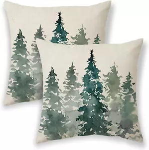 Watercolor Green Tree Pillow Covers 20X20, Rustic Nature Forest Throw Pillows fo - Picture 1 of 7
