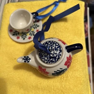 Unikat Andar Christmas Ornaments Made in Poland Tea Pot and Cup with Saucer - Picture 1 of 5