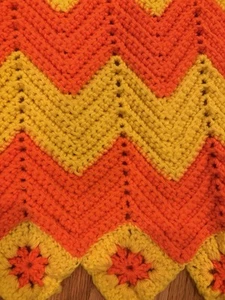 Vintage Handmade Crocheted Afghan Blanket Zigzag Bright Yellow And Orange - Picture 1 of 5
