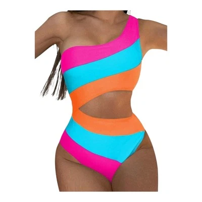 Traje de baño Monokini de un hombro L rosa intenso azul naranja recortado bloques de colores Foto 1 de 4