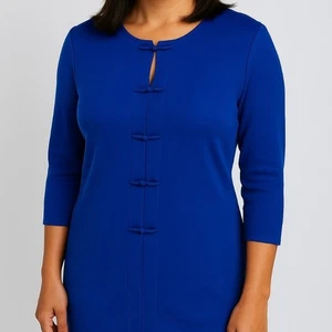 Misook Blue Mandarin Collar small career Button Front 3/4 Sleeve Tunic Top - Picture 1 of 9