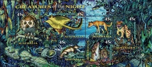 1997 Australian Creatures of the Night MNH Set of 6x 45c Tenant Strip Mini-Sheet - Picture 1 of 1