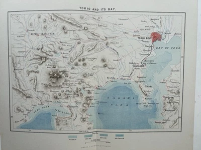 Mapa antiguo original de la bahía de Tokio 1884, Japón Foto 1 de 3