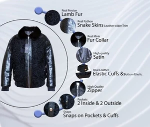 Men's Persian Lamb Fur Jacket Guniune Python Snake Skins Sleeves Trim All Sizes - Picture 1 of 9
