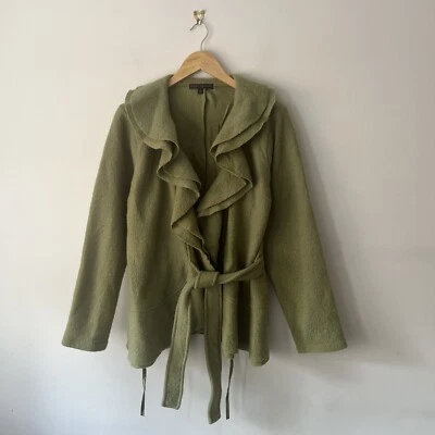 Elena Solano 100% Wool Green Ruffle Jacket Belted Size UK Large 42" Chest VGC - Image 1 of 4