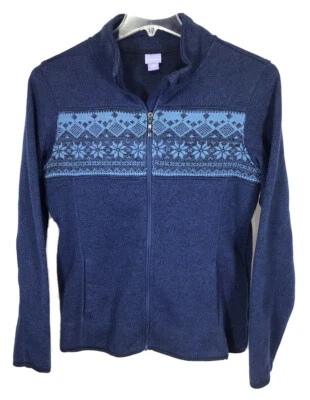 Laura Scott 夹克女式 L 码蓝色涤纶针织全拉链冬季雪花 — 第 1/4 张图片