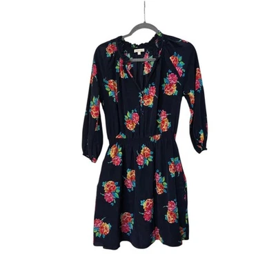 Shoshanna Teagan Vibrant Smocked 100% Silk 3/4 Sleeve Navy Mini Dress, Size 4 - Image 1 of 4