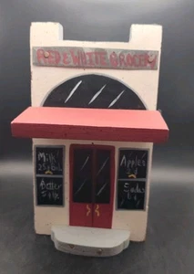 Handcrafted Wood Village Piece, Red & White Grocery, Hand Painted Folk Art Decor - Picture 1 of 6