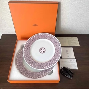 Hermes Dessert Plate H Deco Red Tableware Dish 2 set Dinner Tray Auth New 22.5cm - Picture 1 of 10