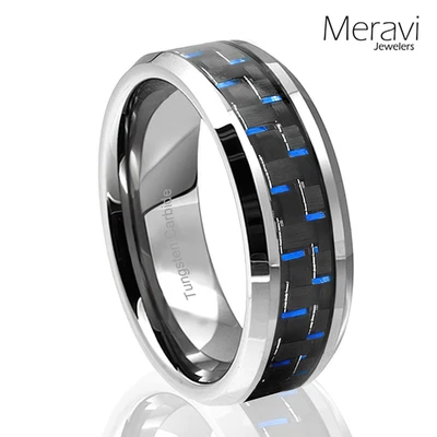 Tungsten Carbide Blue Black Carbon Fiber Ring Men Engagement Wedding Band Silver - Image 1 of 4