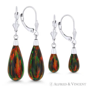 Black Lab-Created Opal 14k White Gold Leverback Long Tear-Drop Dangling Earrings - Picture 1 of 3