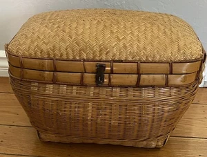 Chinoiserie oriental asiática vintage tejido espiga ratán bambú baúl cofre - Imagen 1 de 13