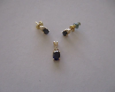 Aretes y collar colgante vintage de oro amarillo de 14k con diamantes y zafiros PWJ Foto 1 de 4