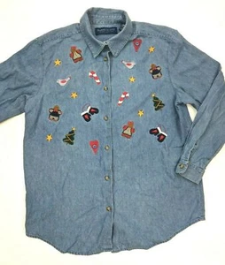 Vintage Karen Scott Denim / Chambray Button Up Weihnachten bestickt Hemd - Bild 1 von 4