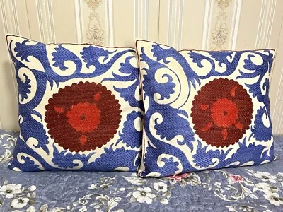 2 Pieces Of Square Silk Cushion Cover, Floral Embroidery, Handmade Uzbek Cushion - Image 1 of 3