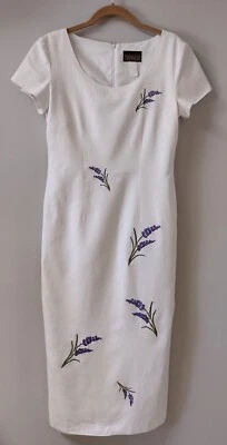 Maxi Vestido Vintage Virgo II Blanco Mezcla Lino Bordado Púrpura Flores S/M Foto 1 de 4