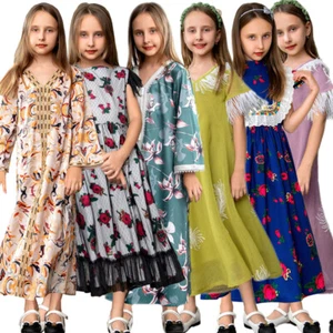 Abaya Islamic Kids Girls Printed Kaftan Muslim Maxi Dress Ramadan Eid Dubai Robe - Picture 1 of 43