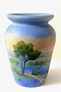 Vintage Meyer Pottery Hand Painted Vase/Pot Landscape 5.25"h 3.5"w Texas USA - Picture 1 of 13