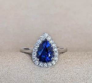 1.10 Ct Pear Cut Blue Sapphire Engagement Ring 92.5 Silver Gold Plated  - Picture 1 of 7