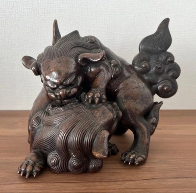 Shishi Foo Dog Lion Statue Antique Japanese Pottery Figurine Bizen Ware 7.8 inch - Image 1 of 4