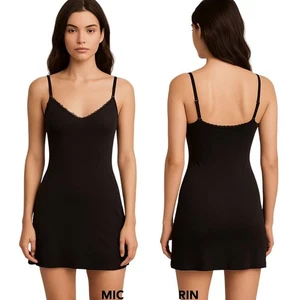 MICHAL NEGRIN Black Slip Dress Size S Lace Trim Lingerie-Inspired Minimalist - Picture 1 of 7