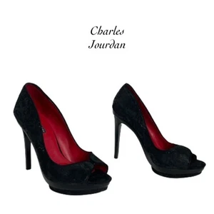Charles Jourdan Black Snake Print Peep Toe Platform Stiletto Heels Size 11 - Picture 1 of 12