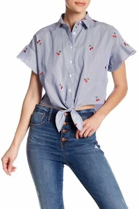 Love Fire Womens Front Tie Button Ruffle Sleeve Pinstripe Blouse Top Cherry XS - Bild 1 von 2