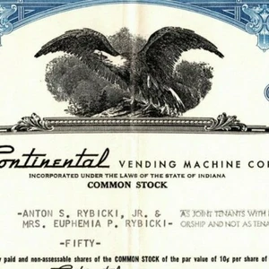 Certificado de stock vintage 1961 - Máquina expendedora continental - Indiana - Eagle - Imagen 1 de 3