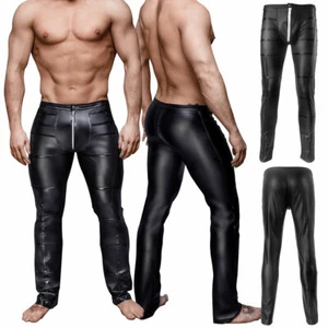 Mens Long Pants PU Elastic Tight Zipper Wet Look Trousers Leggings Clubwear New - Picture 1 of 21