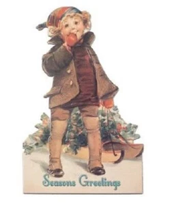 Victorian Turn Of The Century Christmas Card Boy With A Sled Greetings #Grc153 - Picture 1 of 1