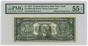 1977 $1 Federal Reserve Note New York Fr#1909-B PMG AU 55 EPQ Bold Offset Error - Picture 1 of 3