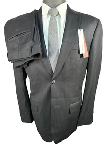 PERRY ELLIS Mens Black Pinstripe Flat Front 2 Pc Suit 42R Jacket 39x30 Pant - Picture 1 of 13