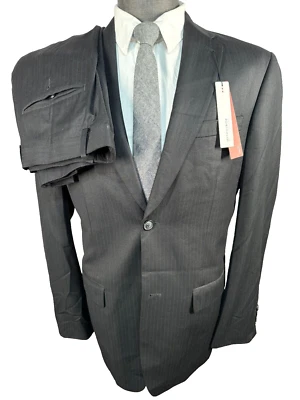 PERRY ELLIS Mens Black Pinstripe Flat Front 2 Pc Suit 42R Jacket 39x30 Pant - Image 1 of 4