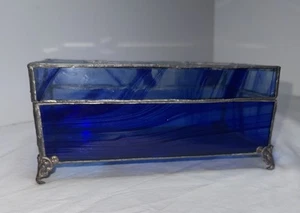 Ataúd de vidrio biselado azul cobalto baratija con tapa caja con plomo  - Imagen 1 de 11