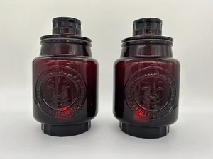 (2) Large 9.25” Vintage Wheaton NJ Ruby Red Canister Jar Embossed Sun & Rooster - Picture 1 of 11