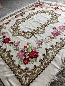Vintage Hand Knit CrossStitch Floral Rose Tablecloth Fringed 50 X 58.5in Cream - Picture 1 of 8