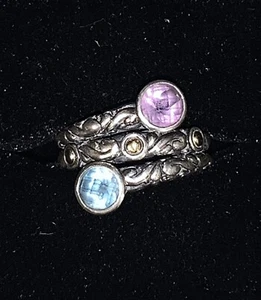 Vintage EFFY 925 Bohemian Amethyst & Topaz 18K Yellow & Sterling Silver Ring ~8 - Picture 1 of 24