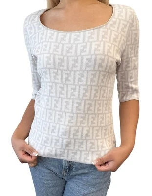 FENDI Vintage Zucca Monogram Logo Knit Top #42 3/4 Sleeve White Gray Cotton - Image 1 of 4