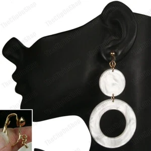 CLIP ON double circle drop HOOP EARRINGS 70s vintage styl WHITE summer GOLD TONE - Picture 1 of 4