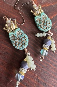 Crowned Owl Czech glass Earrings Day of the dead earrings - Picture 1 of 5