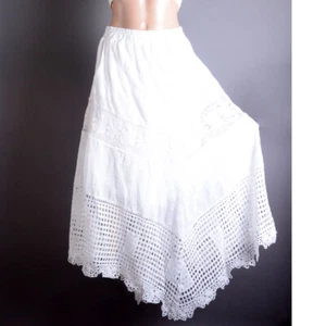 White Eyelet Crochet Floral Elastic Waist Lined Summer Beach Asymmetrical Skirt - Picture 1 of 9